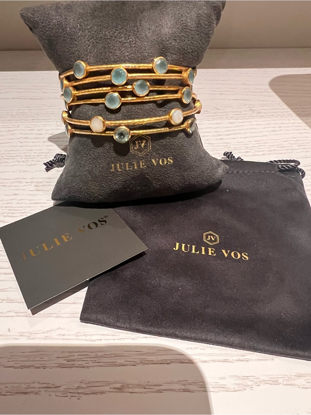 Julie Vos Gold Milano Luce Bangle Stack with Blue, Green and White Stones